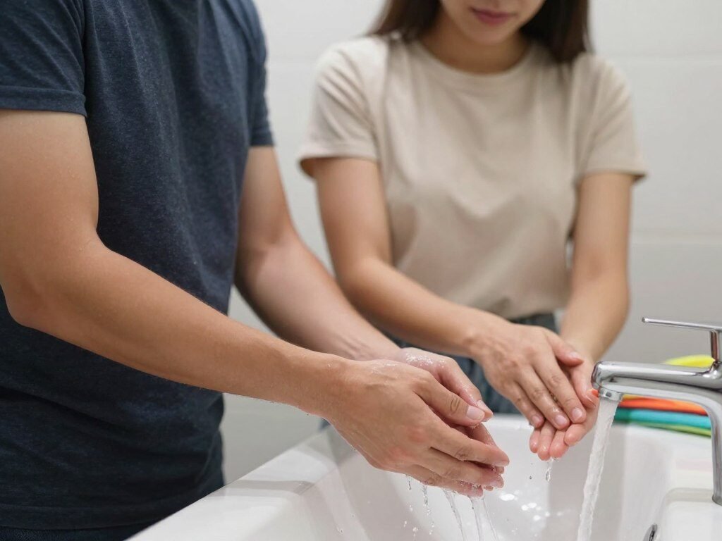 Couple washing hands carefully after anal sex to avoid passing infection Couple washing hands carefully after anal sex to avoid passing infection