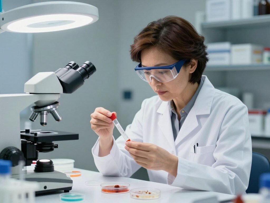 Laboratory technician testing a stool sample for Shigella infection Laboratory technician testing a stool sample for Shigella infection