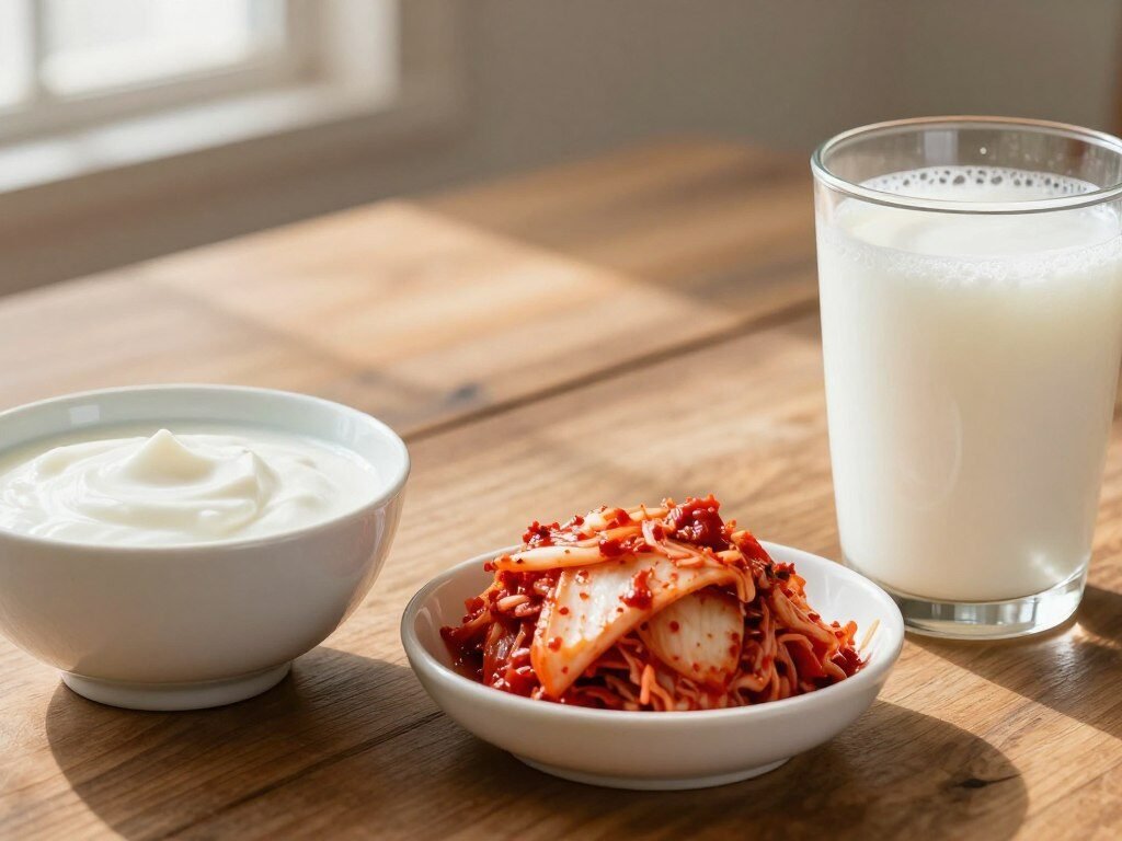 Yogurt, kimchi and kefir, top fermented foods for gut health, on a table
